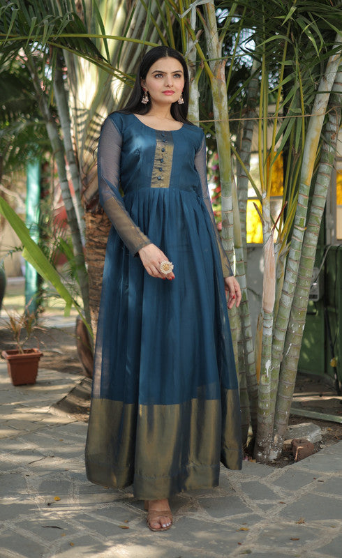 Jyoti Fashion Women's Blue Chiffon Zari Woven Festive Anarkali Dress