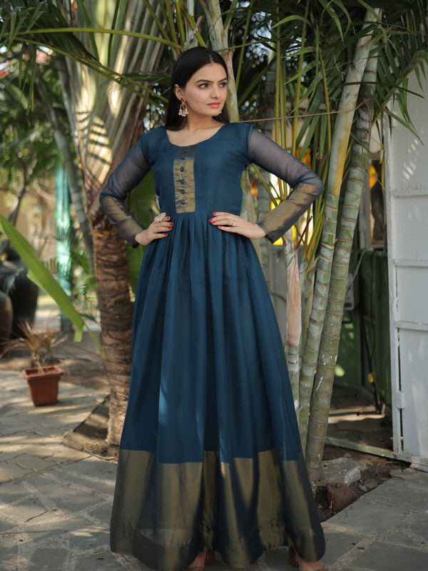 Jyoti Fashion Women's Blue Chiffon Zari Woven Festive Anarkali Dress