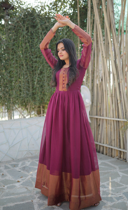 Jyoti Fashion Women's Wine Chiffon Zari Woven Festive Anarkali Dress