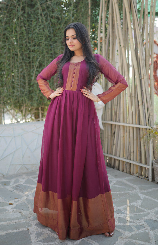 Jyoti Fashion Women's Wine Chiffon Zari Woven Festive Anarkali Dress