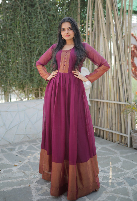 Jyoti Fashion Women's Wine Chiffon Zari Woven Festive Anarkali Dress
