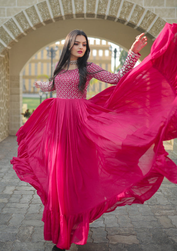 Jyoti Fashion Women's Pink Faux Blooming Sequins with Zari Embroidered Anarkali Dress