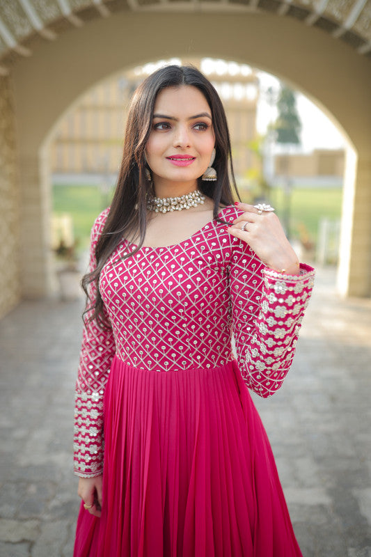 Jyoti Fashion Women's Pink Faux Blooming Sequins with Zari Embroidered Anarkali Dress