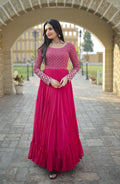 Jyoti Fashion Women's Pink Faux Blooming Sequins with Zari Embroidered Anarkali Dress