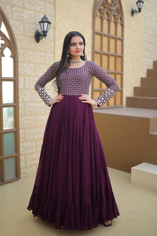 Jyoti Fashion Women's Wine Faux Blooming Sequins with Zari Embroidered Anarkali Dress