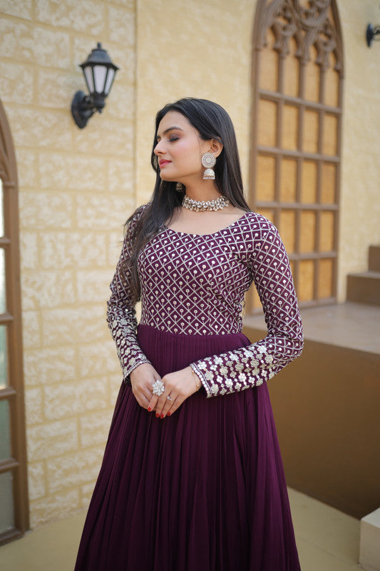 Jyoti Fashion Women's Wine Faux Blooming Sequins with Zari Embroidered Anarkali Dress