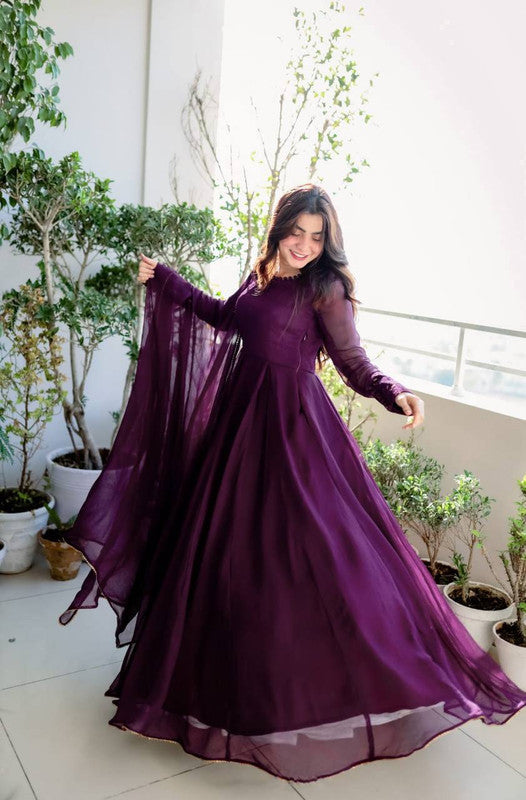 Jyoti Fashion Women's Wine Faux Blooming Sequins Embroidery Partywear Anarkali Dress with Dupatta