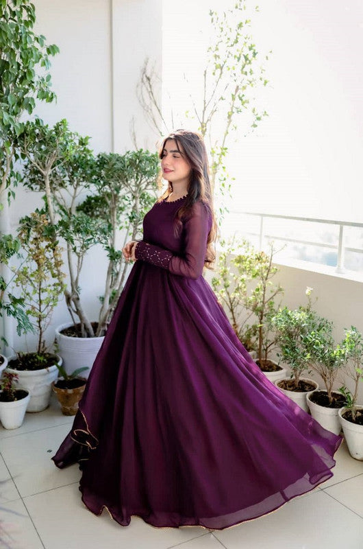 Jyoti Fashion Women's Wine Faux Blooming Sequins Embroidery Partywear Anarkali Dress with Dupatta