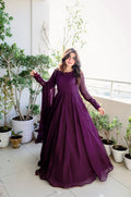 Jyoti Fashion Women's Wine Faux Blooming Sequins Embroidery Partywear Anarkali Dress with Dupatta