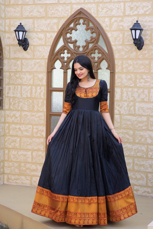Jyoti Fashion Women's Black Silk Jacquard Weaving Festive Anarkali Dress