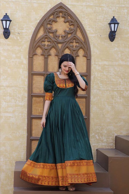 Jyoti Fashion Women's Green Silk Jacquard Weaving Festive Anarkali Dress