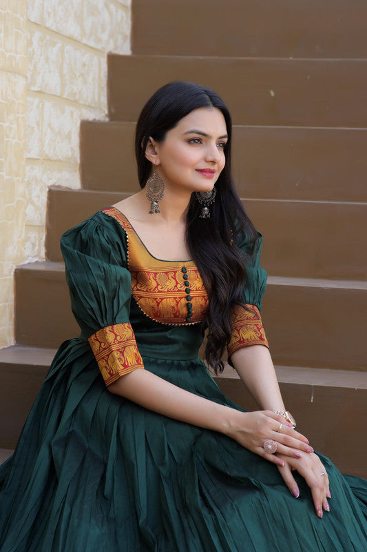 Jyoti Fashion Women's Green Silk Jacquard Weaving Festive Anarkali Dress