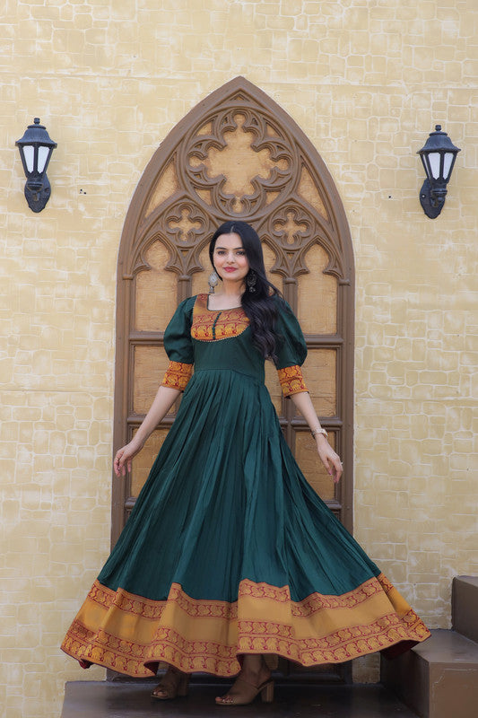 Jyoti Fashion Women's Green Silk Jacquard Weaving Festive Anarkali Dress