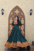 Jyoti Fashion Women's Green Silk Jacquard Weaving Festive Anarkali Dress
