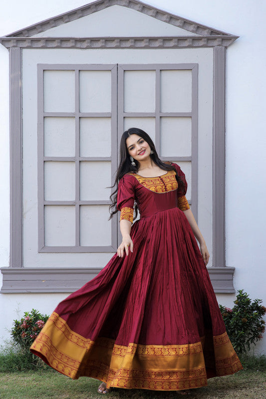 Jyoti Fashion Women's Maroon Silk Jacquard Weaving Festive Anarkali Dress