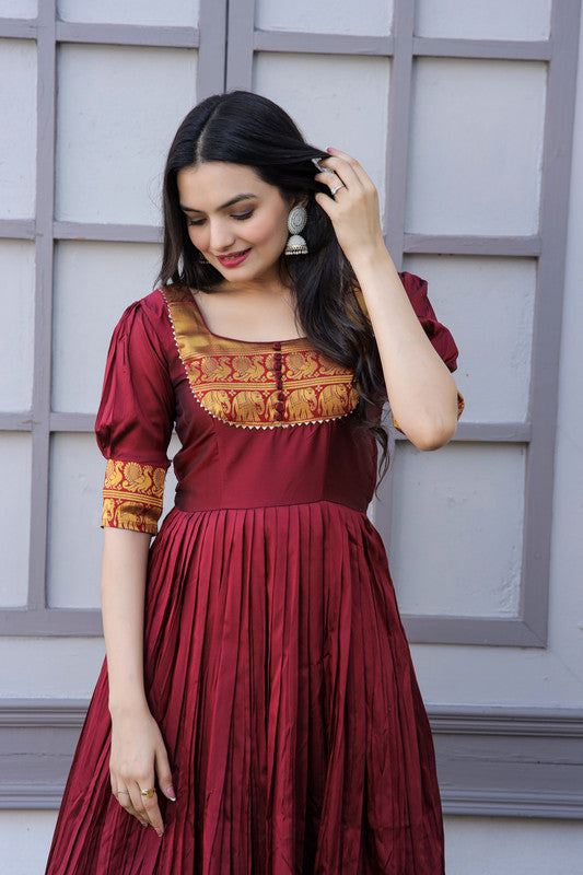 Jyoti Fashion Women's Maroon Silk Jacquard Weaving Festive Anarkali Dress