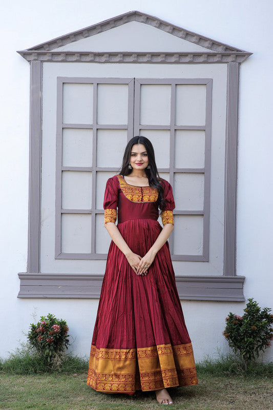 Jyoti Fashion Women's Maroon Silk Jacquard Weaving Festive Anarkali Dress