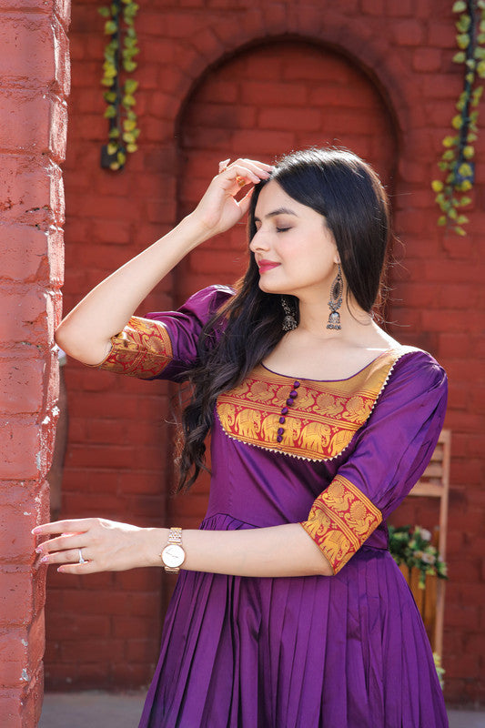 Jyoti Fashion Women's Purple Silk Jacquard Weaving Festive Anarkali Dress