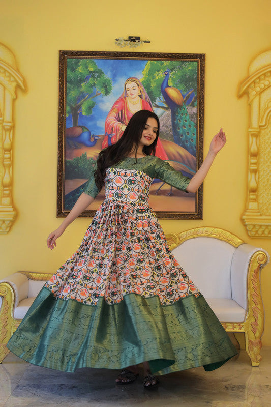 Jyoti Fashion Women's Green Soft Silk Patola Print with Jacquard Weaving Work Anarkali Dress