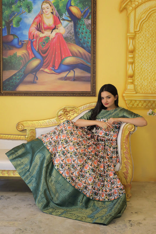 Jyoti Fashion Women's Green Soft Silk Patola Print with Jacquard Weaving Work Anarkali Dress
