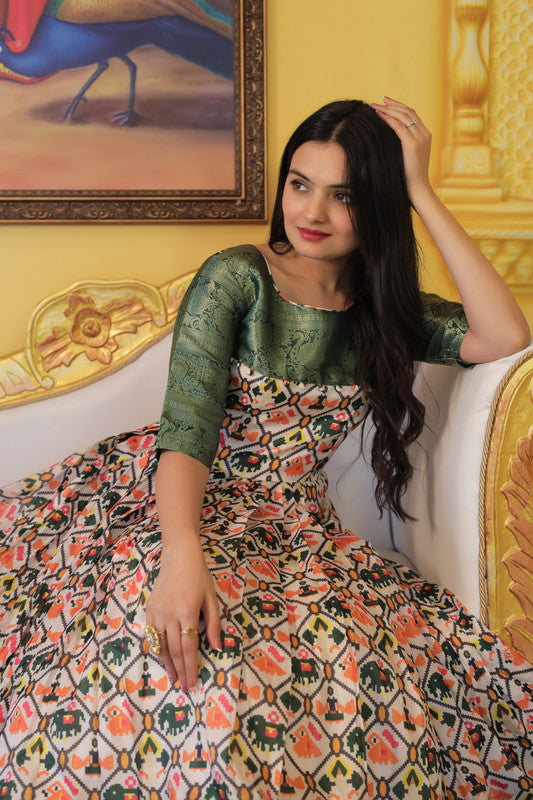 Jyoti Fashion Women's Green Soft Silk Patola Print with Jacquard Weaving Work Anarkali Dress
