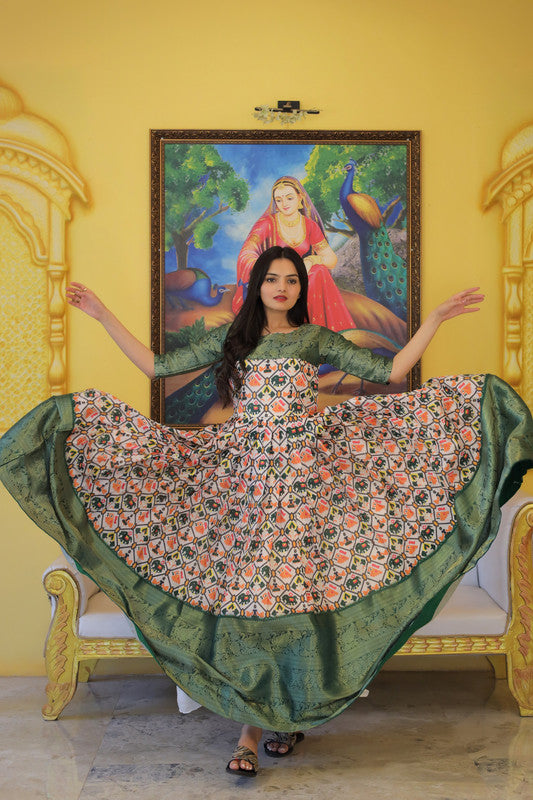Jyoti Fashion Women's Green Soft Silk Patola Print with Jacquard Weaving Work Anarkali Dress