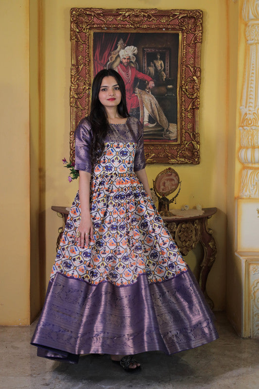Jyoti Fashion Women's Wine Soft Silk Patola Print with Jacquard Weaving Work Anarkali Dress