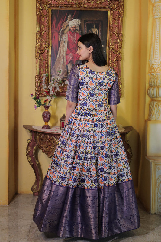 Jyoti Fashion Women's Wine Soft Silk Patola Print with Jacquard Weaving Work Anarkali Dress