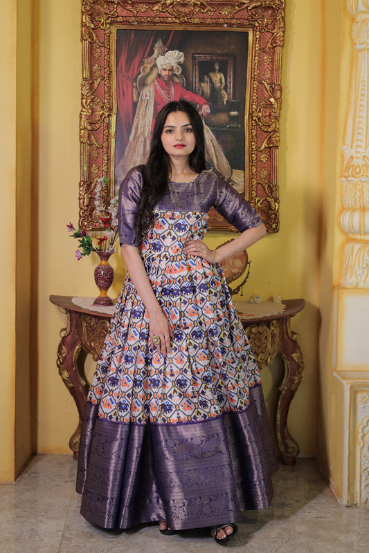 Jyoti Fashion Women's Wine Soft Silk Patola Print with Jacquard Weaving Work Anarkali Dress
