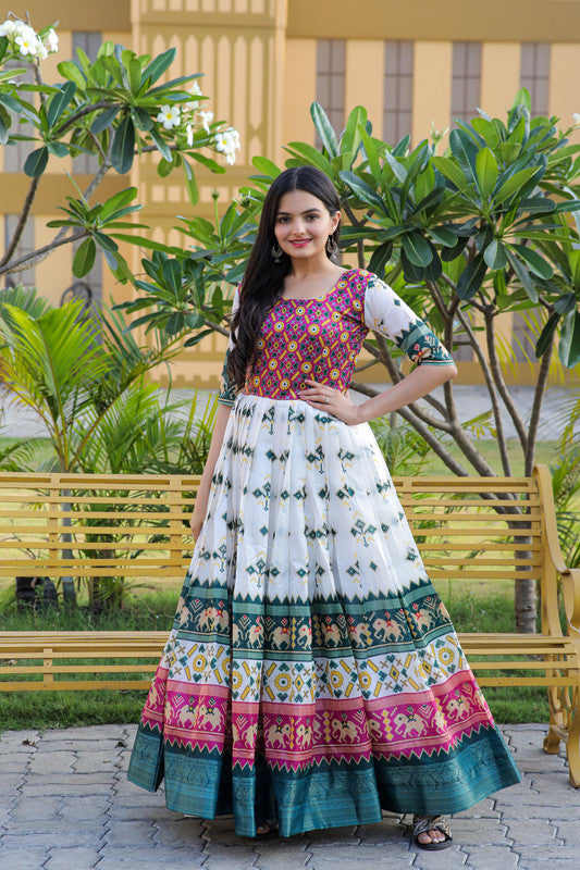 Jyoti Fashion Women's Multicolor Patola Silk Jacquard Weaving Work Anarkali Dress