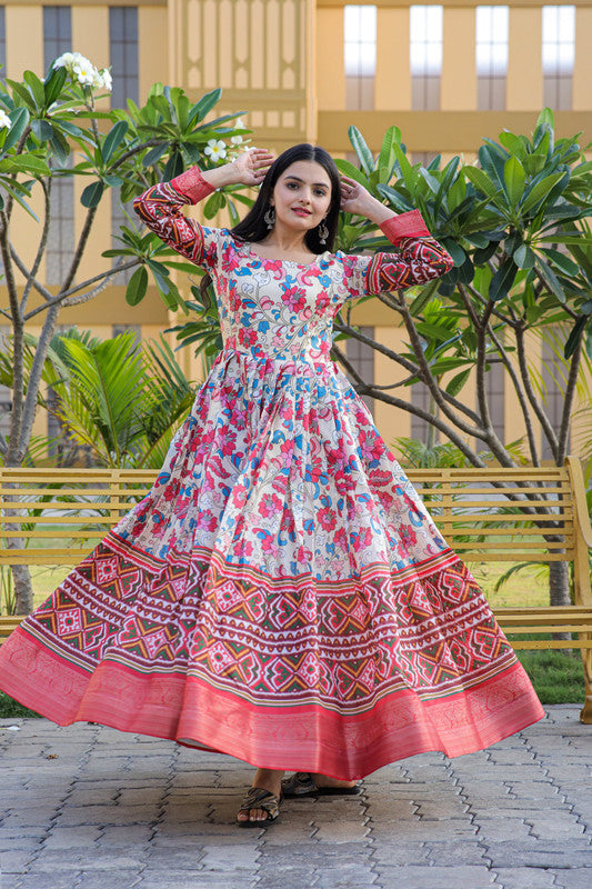 Jyoti Fashion Women's Multicolor Banarasi Silk Kalamkari Print with Jacquard Weaving Anarkali Dress