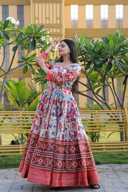 Jyoti Fashion Women's Multicolor Banarasi Silk Kalamkari Print with Jacquard Weaving Anarkali Dress
