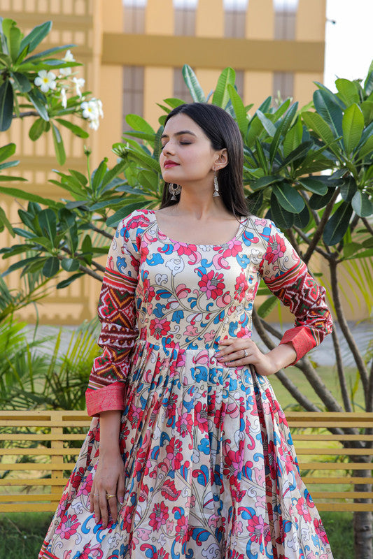 Jyoti Fashion Women's Multicolor Banarasi Silk Kalamkari Print with Jacquard Weaving Anarkali Dress