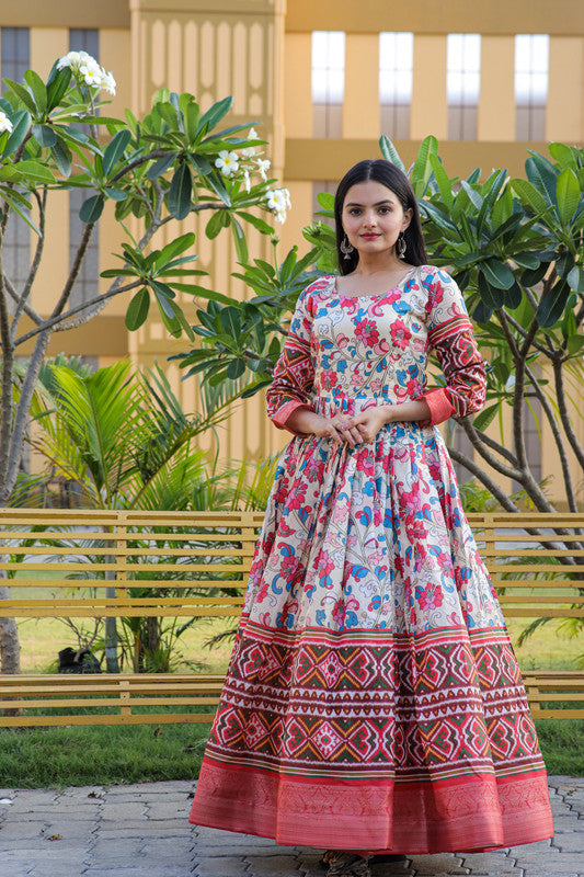 Jyoti Fashion Women's Multicolor Banarasi Silk Kalamkari Print with Jacquard Weaving Anarkali Dress