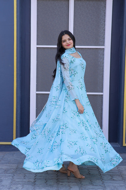 Jyoti Fashion Women's Sky Blue Tabby Silk Floral Printed Anarkali Dress with Dupatta
