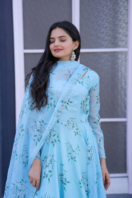 Jyoti Fashion Women's Sky Blue Tabby Silk Floral Printed Anarkali Dress with Dupatta
