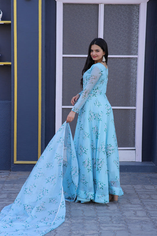 Jyoti Fashion Women's Sky Blue Tabby Silk Floral Printed Anarkali Dress with Dupatta