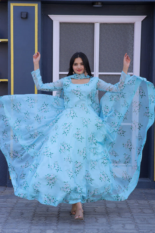 Jyoti Fashion Women's Sky Blue Tabby Silk Floral Printed Anarkali Dress with Dupatta