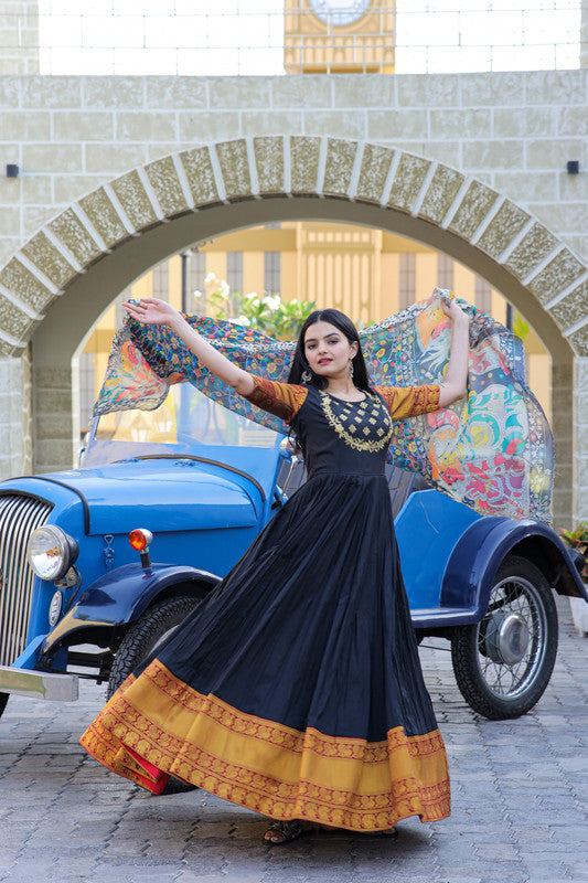 Jyoti Fashion Women's Black Silk Jacquard Weaving with Embroidery Work Anarkali Dress with Dupatta