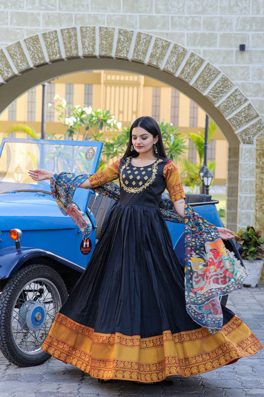 Jyoti Fashion Women's Black Silk Jacquard Weaving with Embroidery Work Anarkali Dress with Dupatta