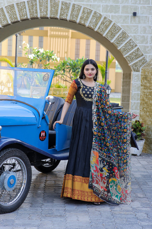 Jyoti Fashion Women's Black Silk Jacquard Weaving with Embroidery Work Anarkali Dress with Dupatta