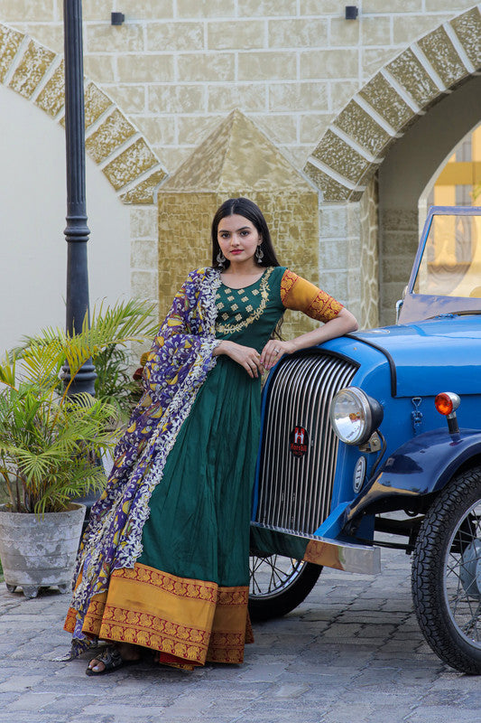 Jyoti Fashion Women's Green Silk Jacquard Weaving with Embroidery Work Anarkali Dress with Dupatta