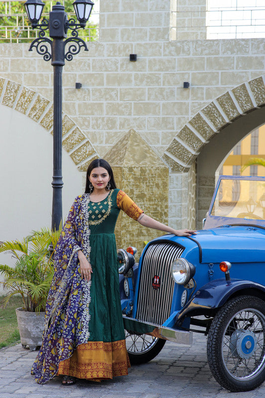 Jyoti Fashion Women's Green Silk Jacquard Weaving with Embroidery Work Anarkali Dress with Dupatta