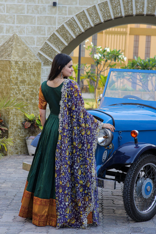 Jyoti Fashion Women's Green Silk Jacquard Weaving with Embroidery Work Anarkali Dress with Dupatta