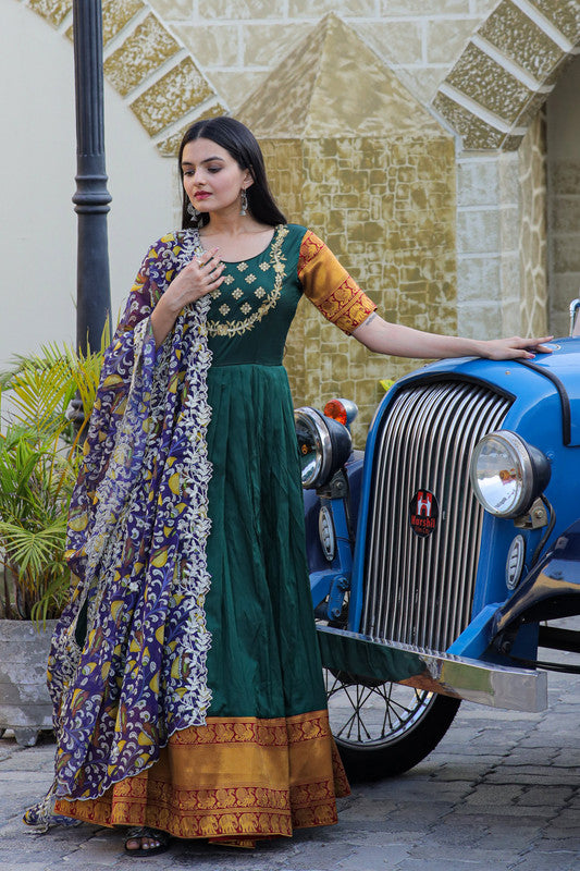 Jyoti Fashion Women's Green Silk Jacquard Weaving with Embroidery Work Anarkali Dress with Dupatta