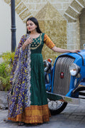 Jyoti Fashion Women's Green Silk Jacquard Weaving with Embroidery Work Anarkali Dress with Dupatta