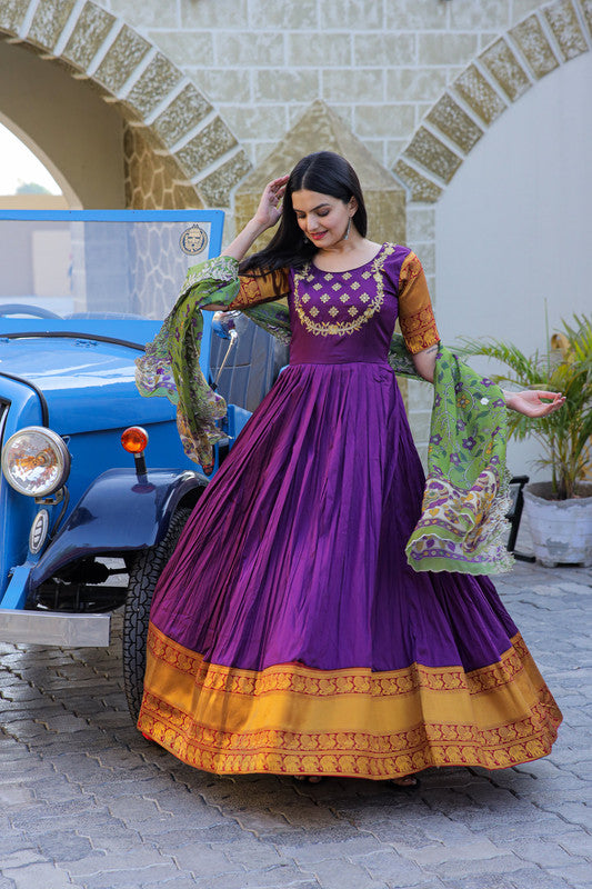Jyoti Fashion Women's Purple Silk Jacquard Weaving with Embroidery Work Anarkali Dress with Dupatta
