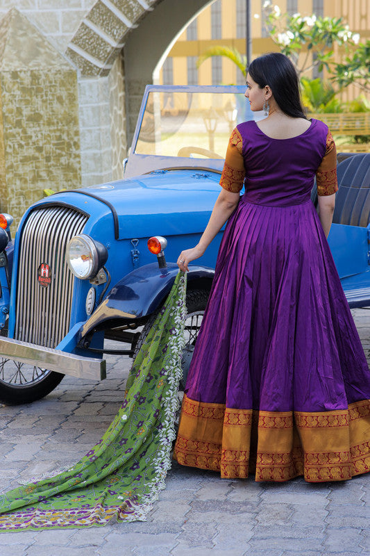 Jyoti Fashion Women's Purple Silk Jacquard Weaving with Embroidery Work Anarkali Dress with Dupatta