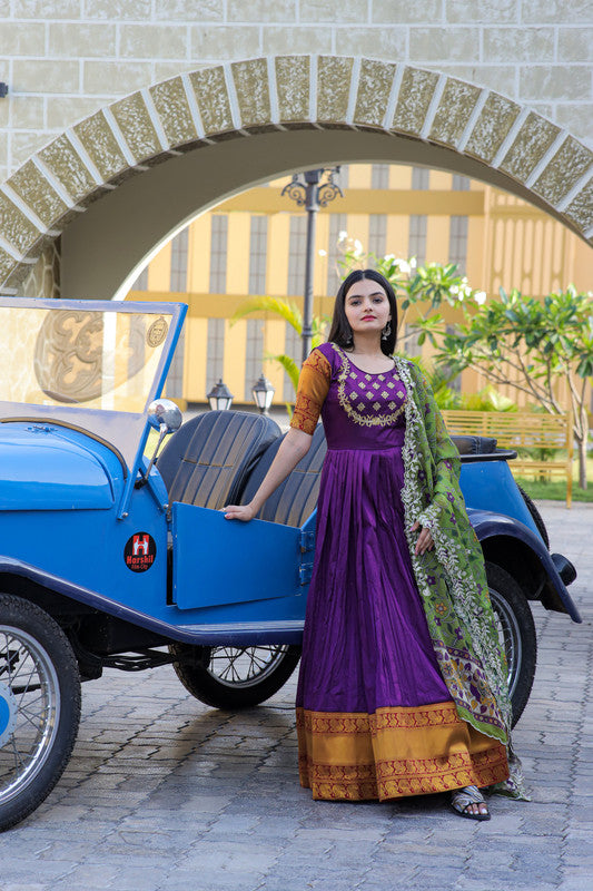 Jyoti Fashion Women's Purple Silk Jacquard Weaving with Embroidery Work Anarkali Dress with Dupatta