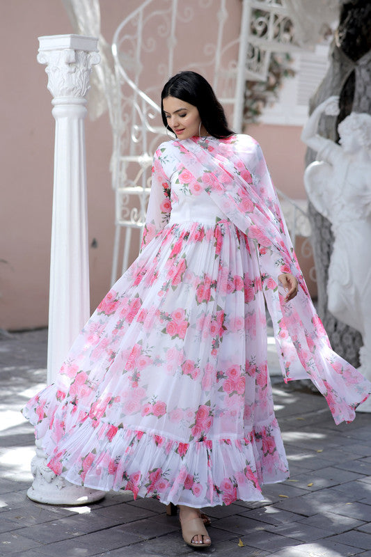 Jyoti Fashion Women's Pink Faux Georgette Floral Digital Printed Anarkali Dress with Dupatta